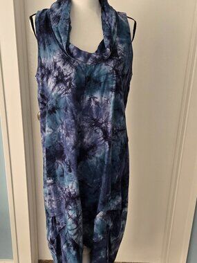 ForCynthia linen blend navy blue tie dye Sleeveless Cowl Neck hi low Dress L